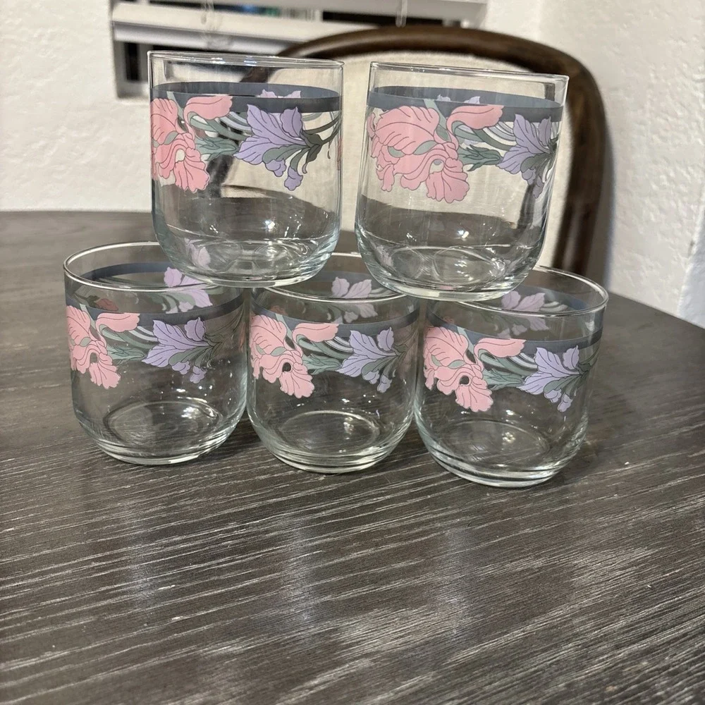 5 Vintage Noritake Cafe du Soir 10 Oz Juice Rocks Glasses 1980s Purple/Pink Iris